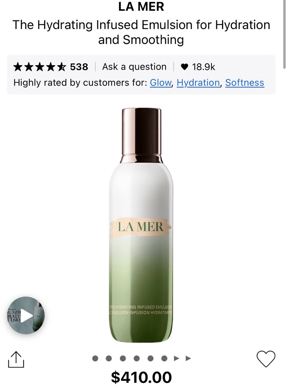 La Mer Hydrating Emulsion Bottle — Green, White, Gold